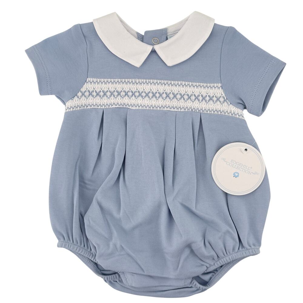 Edgehill Collection Blue Smocked Bubble Romper Peter Pan Collar Baby Boy Sz NB